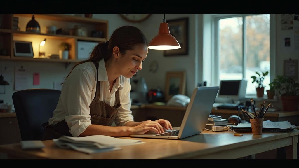 A small-business owner in an apron leaning over a laptop on a cluttered back-office desk late in the day, photographed in Lexington