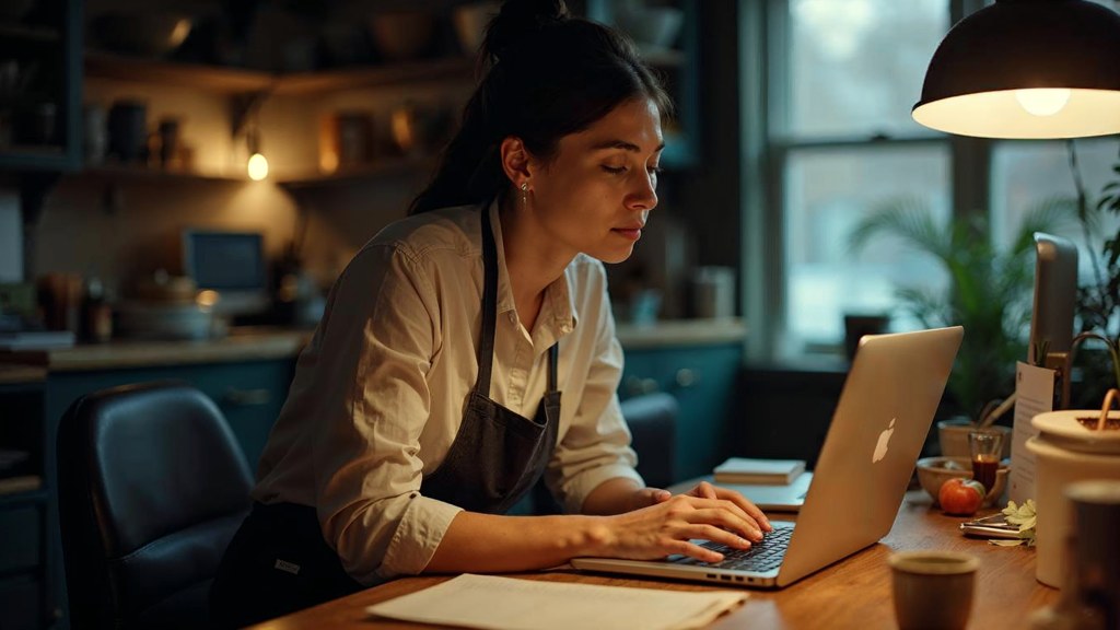 A small-business owner in an apron leaning over a laptop on a cluttered back-office desk late in the day, photographed in Lexington