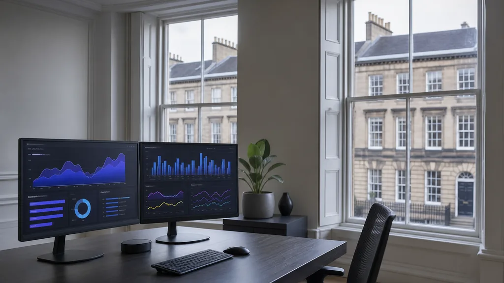 Editorial photograph of an Edinburgh New Town office, Georgian sash windows and pale cornicing in cool northern daylight