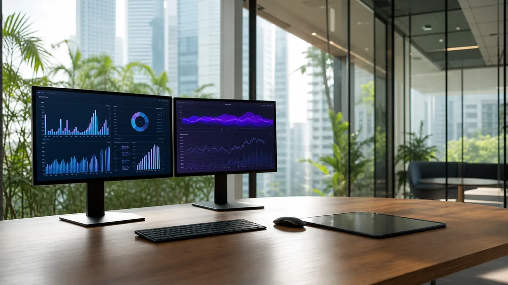 Editorial photograph of a Singapore CBD tower office, glass partitions and tropical greenery in bright hazy light