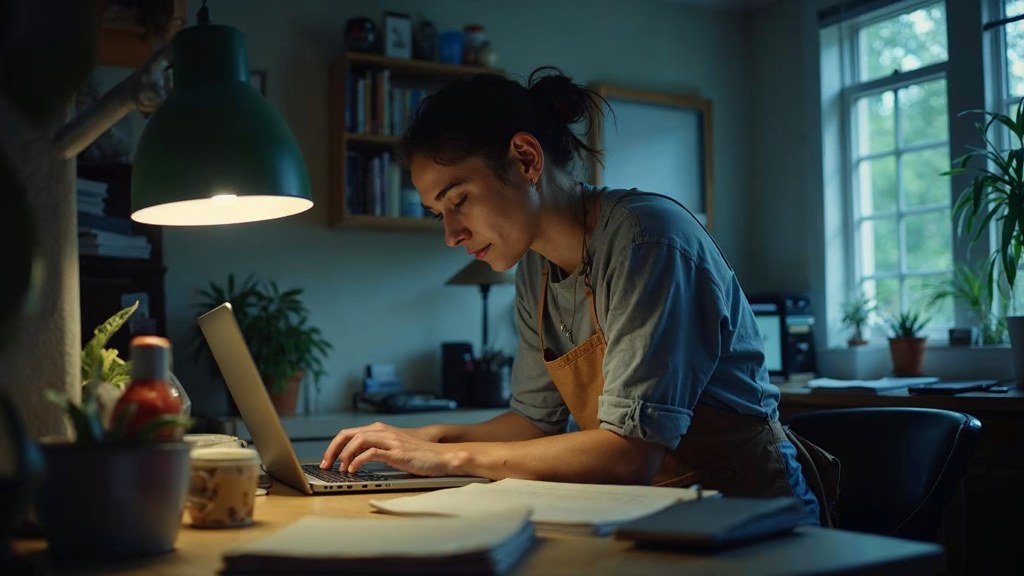A small-business owner in an apron leaning over a laptop on a cluttered back-office desk late in the day, photographed in Little Rock