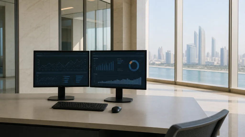 Editorial photograph of an Abu Dhabi corniche tower office, pale stone and glass partitions in bright desert light