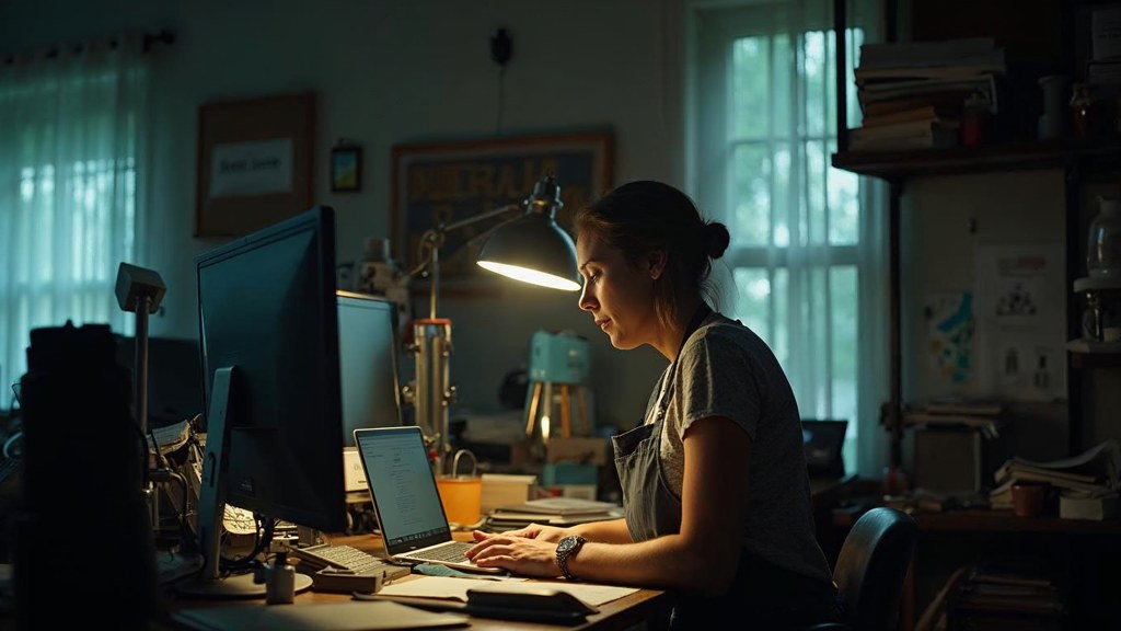 A small-business owner in an apron leaning over a laptop on a cluttered back-office desk late in the day, photographed in Little Rock