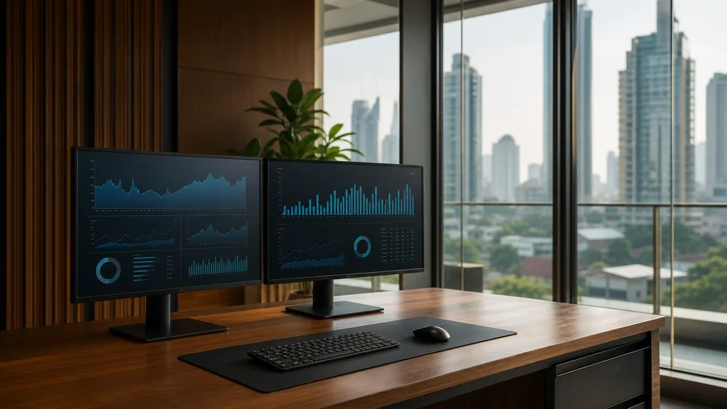 Editorial photograph of a Bangkok Sathorn tower office, teak accents and glass walls in hazy tropical light