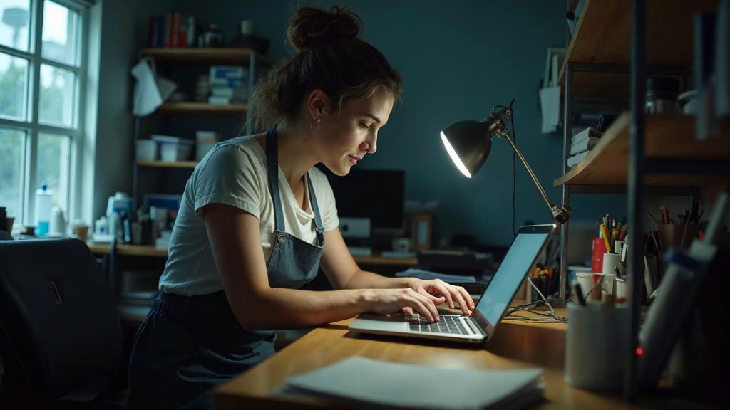 A small-business owner in an apron leaning over a laptop on a cluttered back-office desk late in the day, photographed in Little Rock