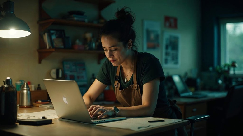 A small-business owner in an apron leaning over a laptop on a cluttered back-office desk late in the day, photographed in Little Rock