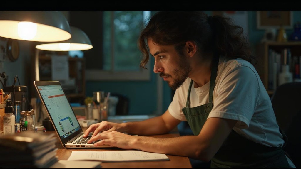 A small-business owner in an apron leaning over a laptop on a cluttered back-office desk late in the day, photographed in Little Rock