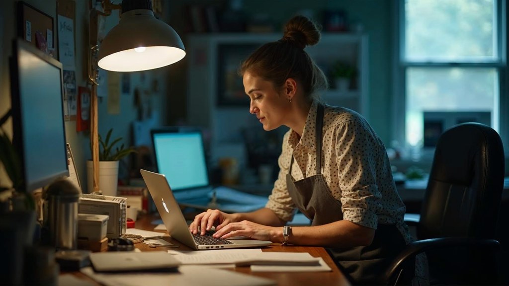 A small-business owner in an apron leaning over a laptop on a cluttered back-office desk late in the day, photographed in Little Rock