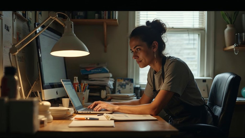 A small-business owner in an apron leaning over a laptop on a cluttered back-office desk late in the day, photographed in Little Rock