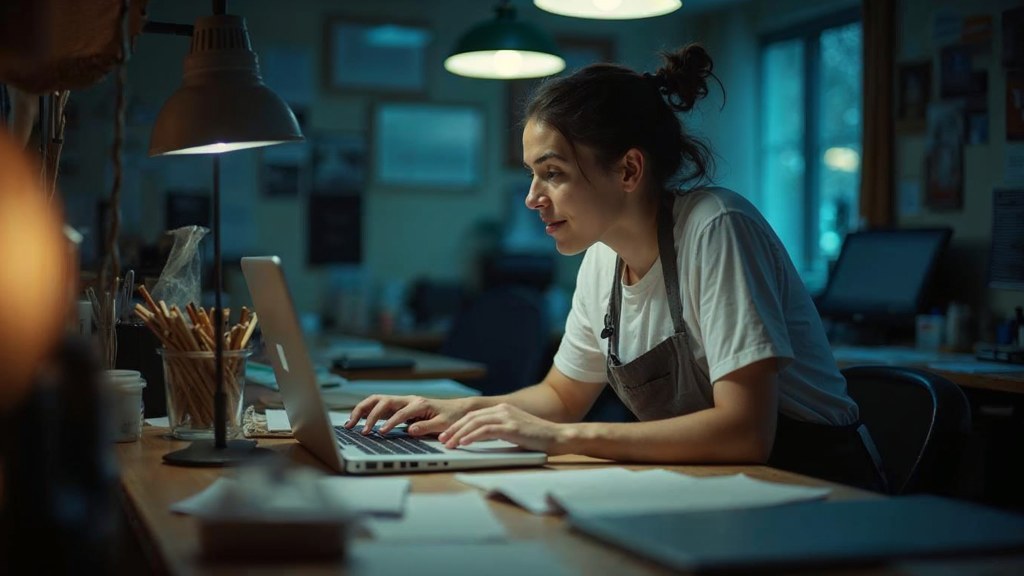 A small-business owner in an apron leaning over a laptop on a cluttered back-office desk late in the day, photographed in Little Rock
