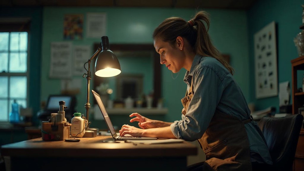 A small-business owner in an apron leaning over a laptop on a cluttered back-office desk late in the day, photographed in Little Rock