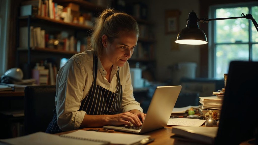 A small-business owner in an apron leaning over a laptop on a cluttered back-office desk late in the day, photographed in Little Rock