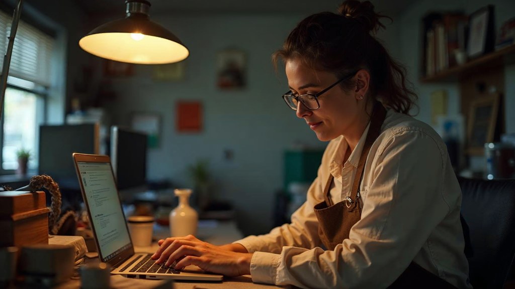 A small-business owner in an apron leaning over a laptop on a cluttered back-office desk late in the day, photographed in Little Rock