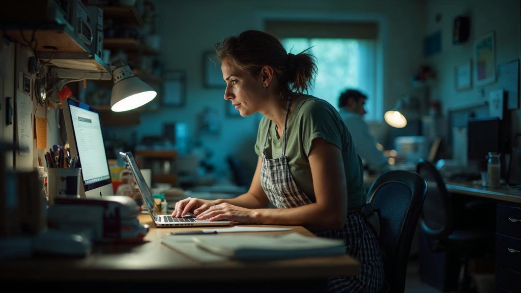 A small-business owner in an apron leaning over a laptop on a cluttered back-office desk late in the day, photographed in Little Rock