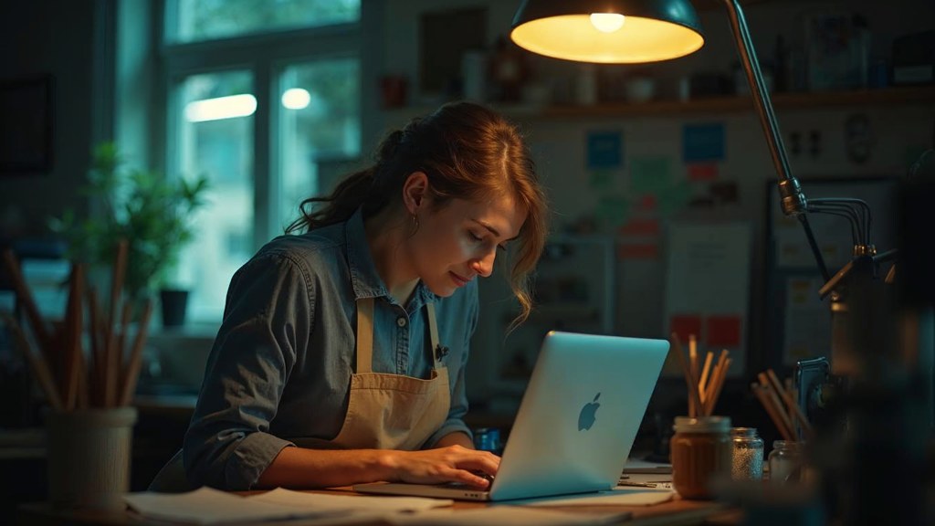 A small-business owner in an apron leaning over a laptop on a cluttered back-office desk late in the day, photographed in Liverpool