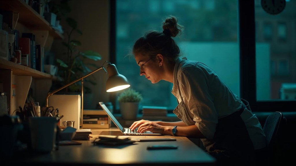 A small-business owner in an apron leaning over a laptop on a cluttered back-office desk late in the day, photographed in Liverpool