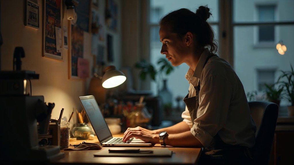 A small-business owner in an apron leaning over a laptop on a cluttered back-office desk late in the day, photographed in Liverpool