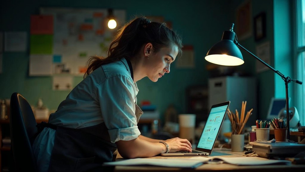 A small-business owner in an apron leaning over a laptop on a cluttered back-office desk late in the day, photographed in Liverpool