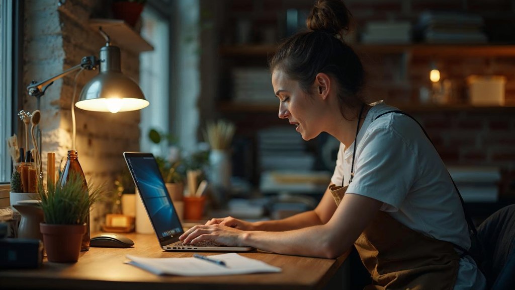 A small-business owner in an apron leaning over a laptop on a cluttered back-office desk late in the day, photographed in Liverpool