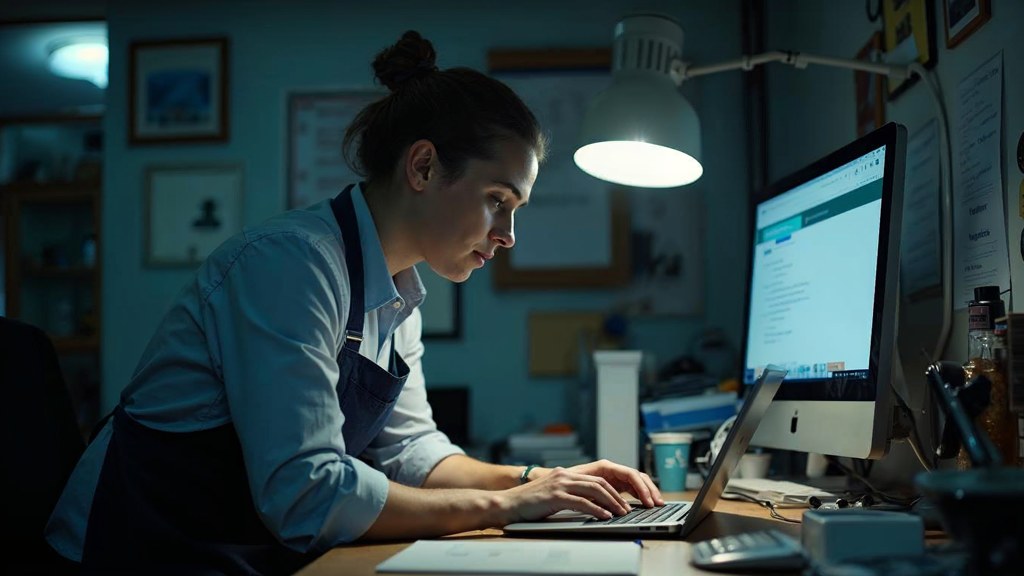 A small-business owner in an apron leaning over a laptop on a cluttered back-office desk late in the day, photographed in Liverpool