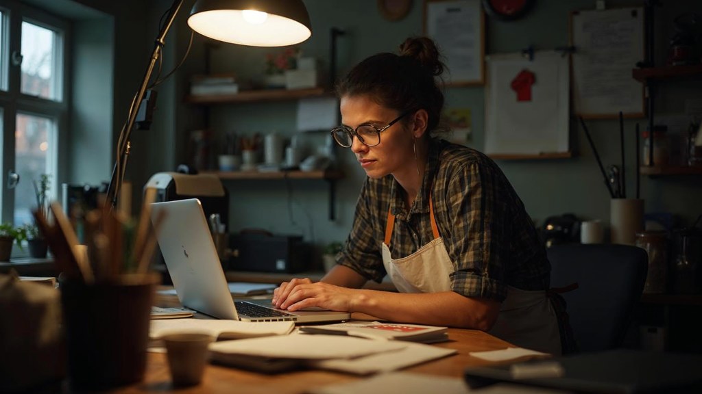 A small-business owner in an apron leaning over a laptop on a cluttered back-office desk late in the day, photographed in Liverpool