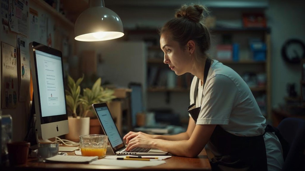 A small-business owner in an apron leaning over a laptop on a cluttered back-office desk late in the day, photographed in Liverpool