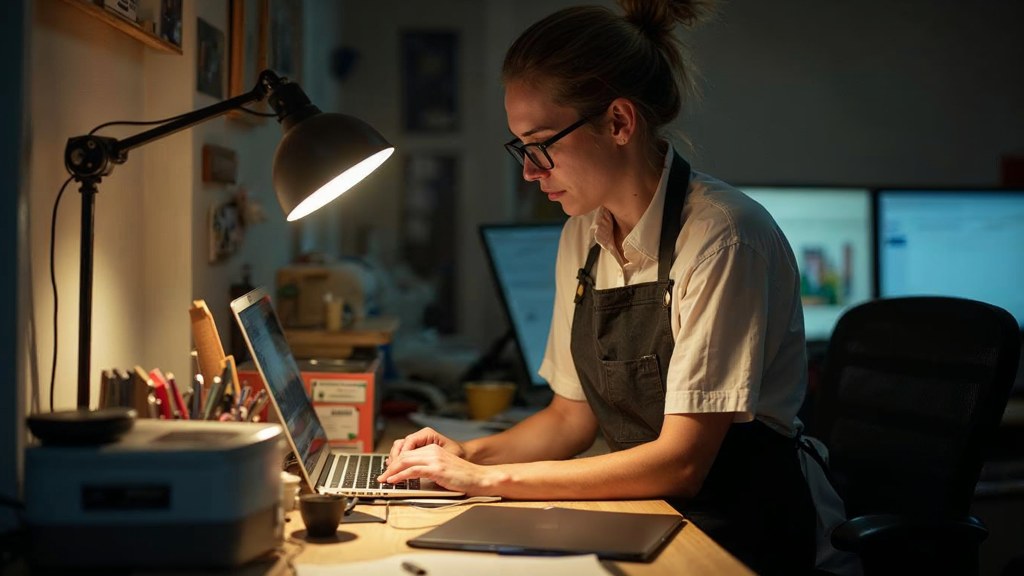 A small-business owner in an apron leaning over a laptop on a cluttered back-office desk late in the day, photographed in Liverpool