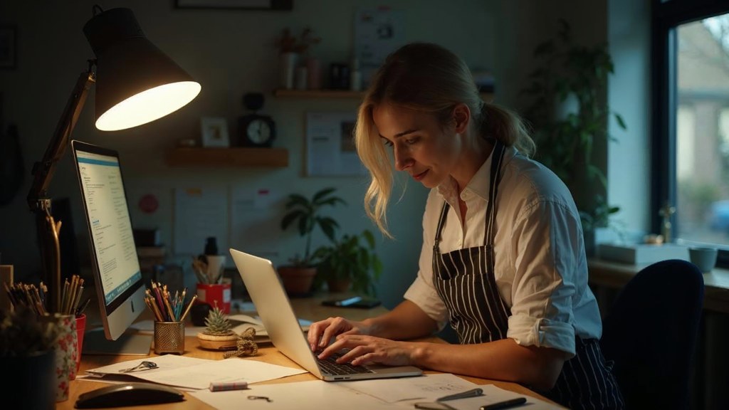 A small-business owner in an apron leaning over a laptop on a cluttered back-office desk late in the day, photographed in Liverpool