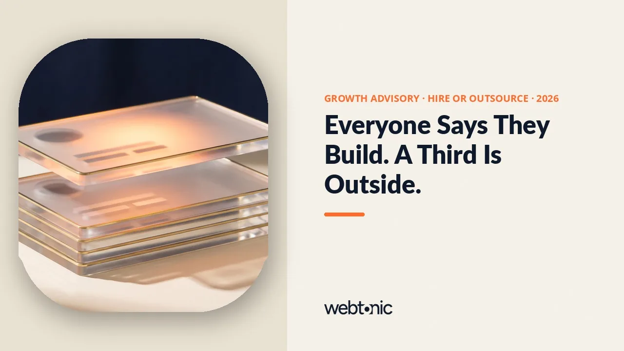 Growth consulting hiring versus outsourcing statistics 2026 thumbnail showing 59.5 percent of capability emphasis on building and a third of digital work performed externally