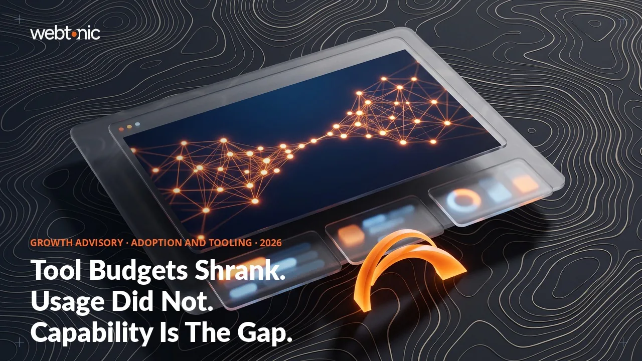 Growth consulting adoption and tooling statistics 2026 thumbnail showing martech at 19.4 percent of marketing budgets and AI running 24.2 percent of activities