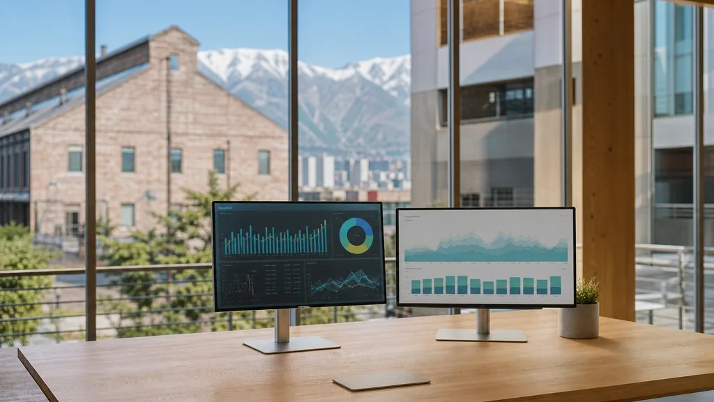 Editorial photograph of a Salt Lake City Granary district studio office, pale timber and tall glazing in crisp mountain light