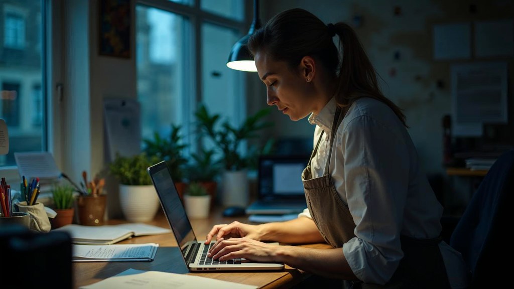 A small-business owner in an apron leaning over a laptop on a cluttered back-office desk late in the day, photographed in London