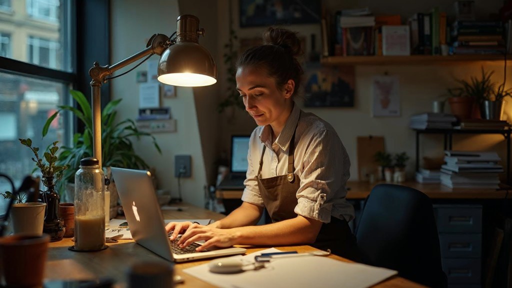 A small-business owner in an apron leaning over a laptop on a cluttered back-office desk late in the day, photographed in London