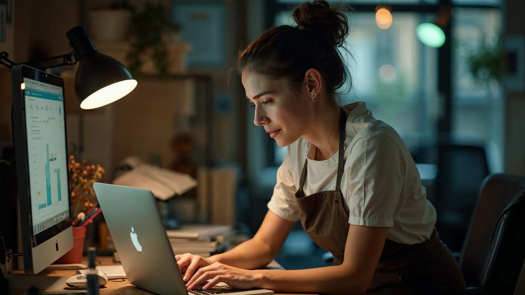 A small-business owner in an apron leaning over a laptop on a cluttered back-office desk late in the day, photographed in London