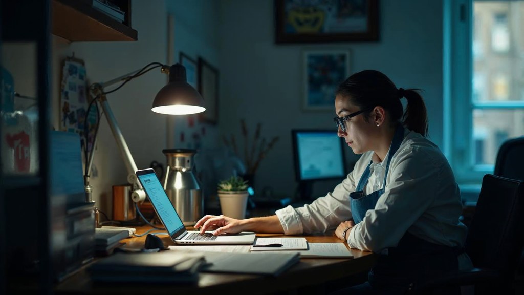 A small-business owner in an apron leaning over a laptop on a cluttered back-office desk late in the day, photographed in London