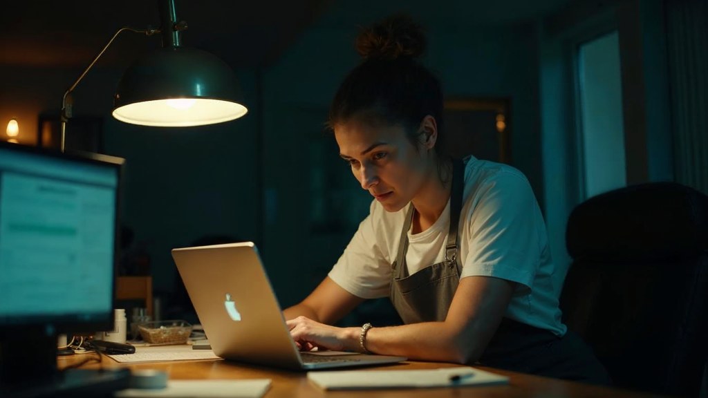 A small-business owner in an apron leaning over a laptop on a cluttered back-office desk late in the day, photographed in London