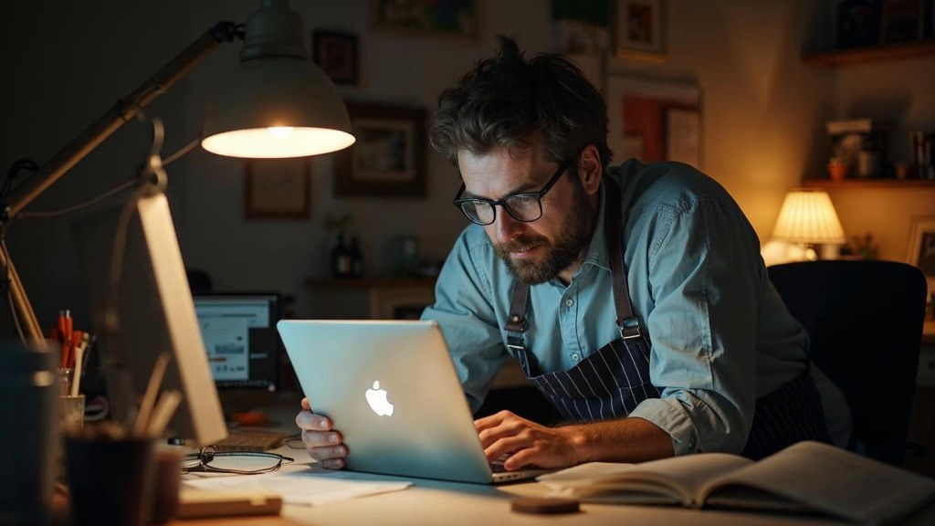 A small-business owner in an apron leaning over a laptop on a cluttered back-office desk late in the day, photographed in London