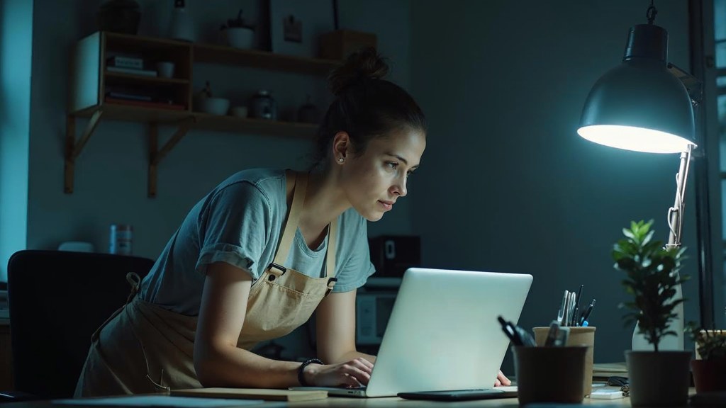 A small-business owner in an apron leaning over a laptop on a cluttered back-office desk late in the day, photographed in London