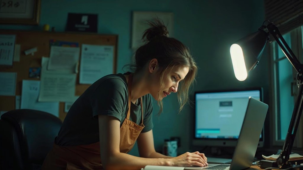 A small-business owner in an apron leaning over a laptop on a cluttered back-office desk late in the day, photographed in London