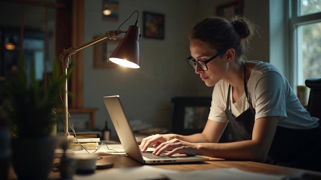 A small-business owner in an apron leaning over a laptop on a cluttered back-office desk late in the day, photographed in London