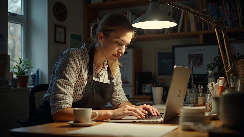 A small-business owner in an apron leaning over a laptop on a cluttered back-office desk late in the day, photographed in London