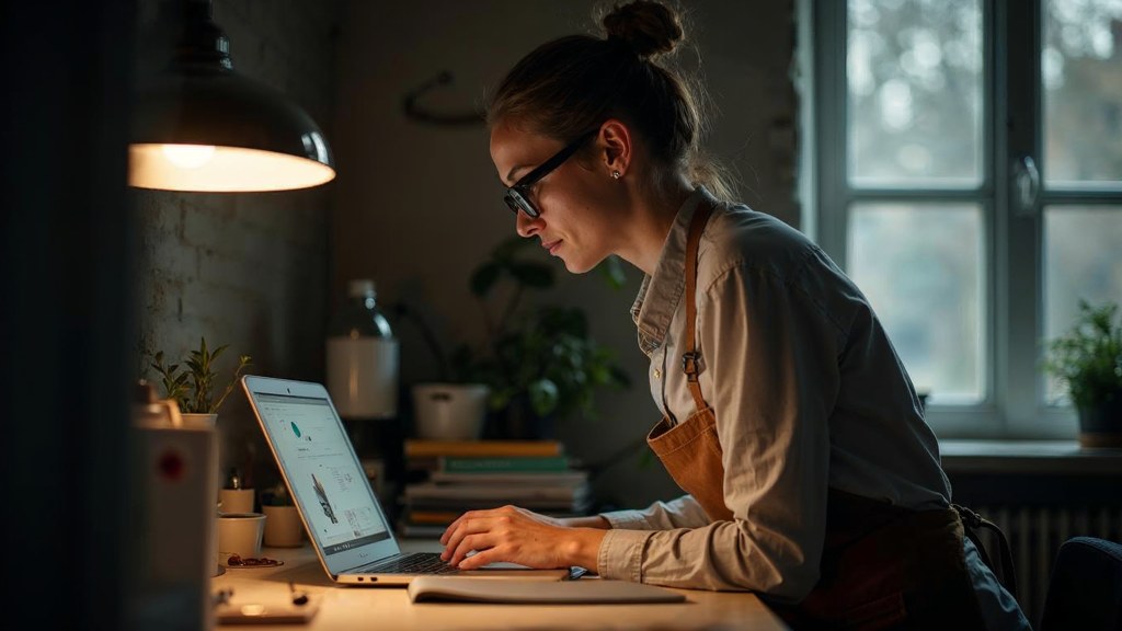 A small-business owner in an apron leaning over a laptop on a cluttered back-office desk late in the day, photographed in London