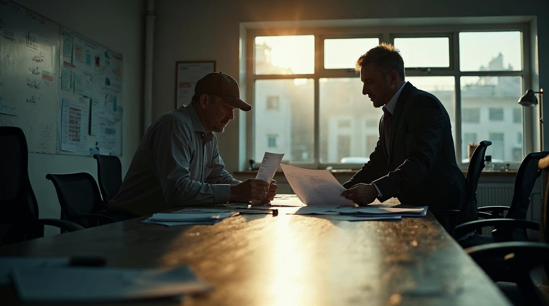 Plumbing group owner and operations director reviewing a printed job mix summary in a fleet depot office