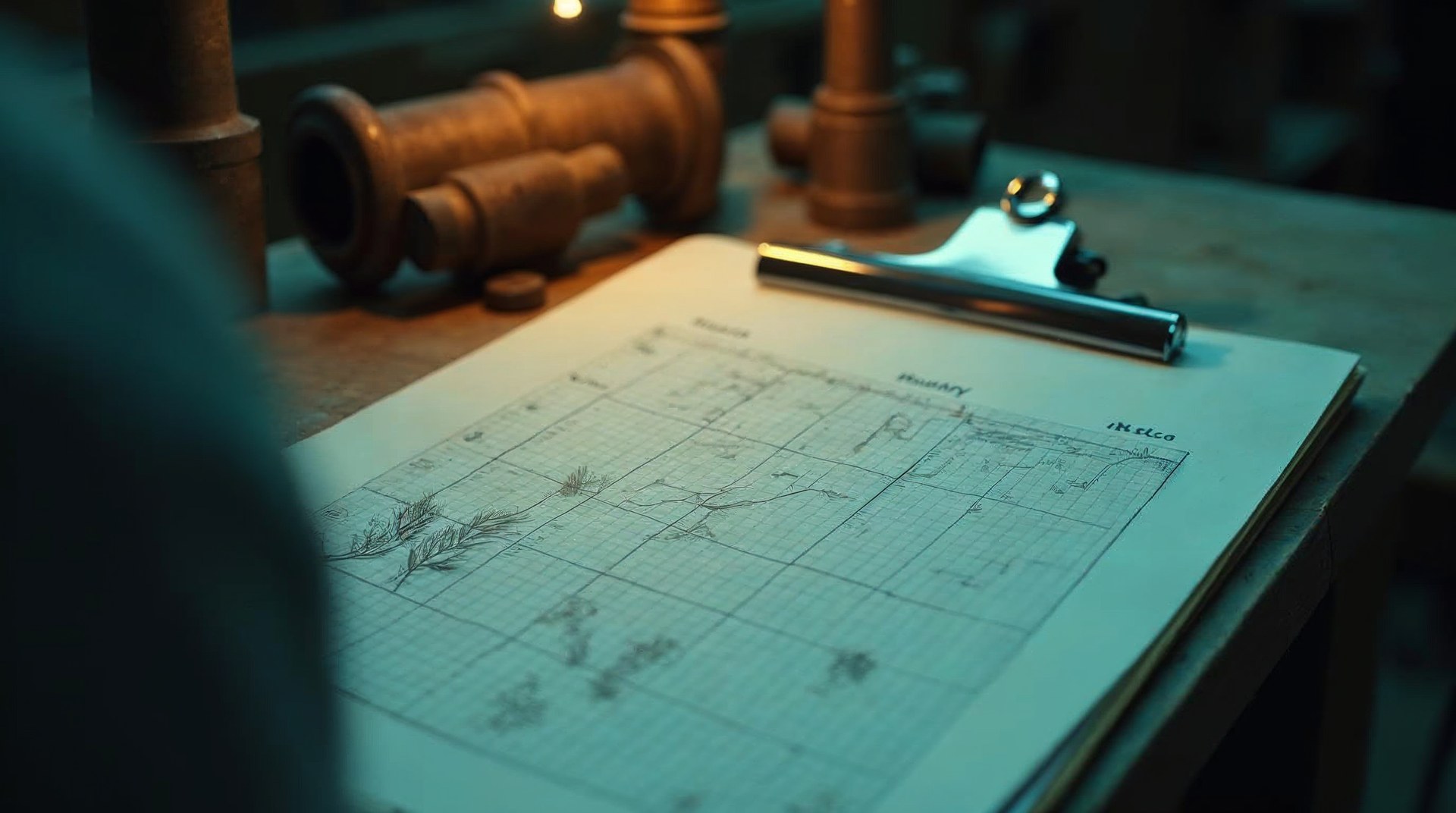 Hand-drawn branch comparison chart on grid paper clipped to a clipboard on a workbench