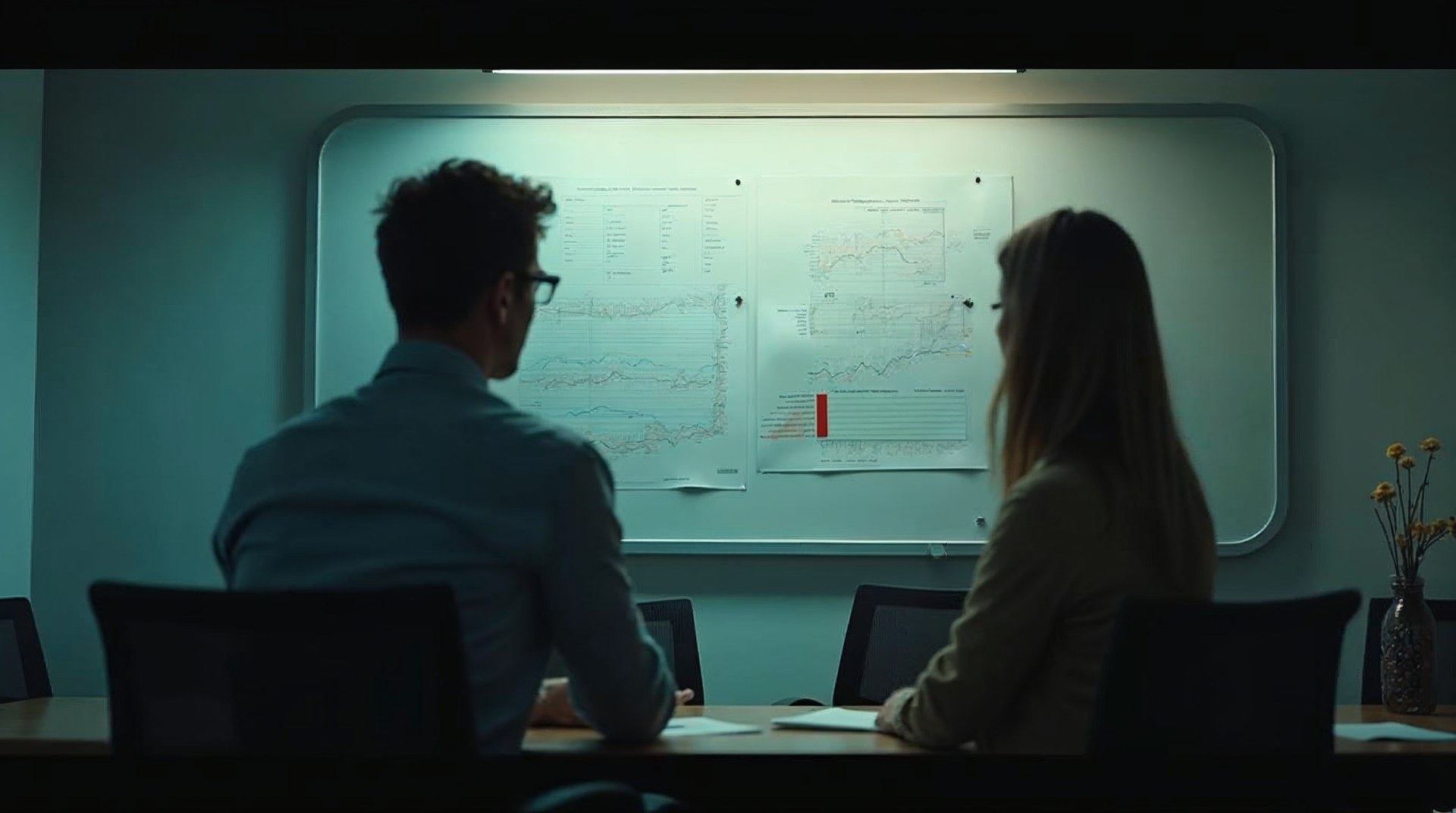 Founder and revenue lead reviewing a printed pipeline breakdown pinned across a whiteboard in a meeting room