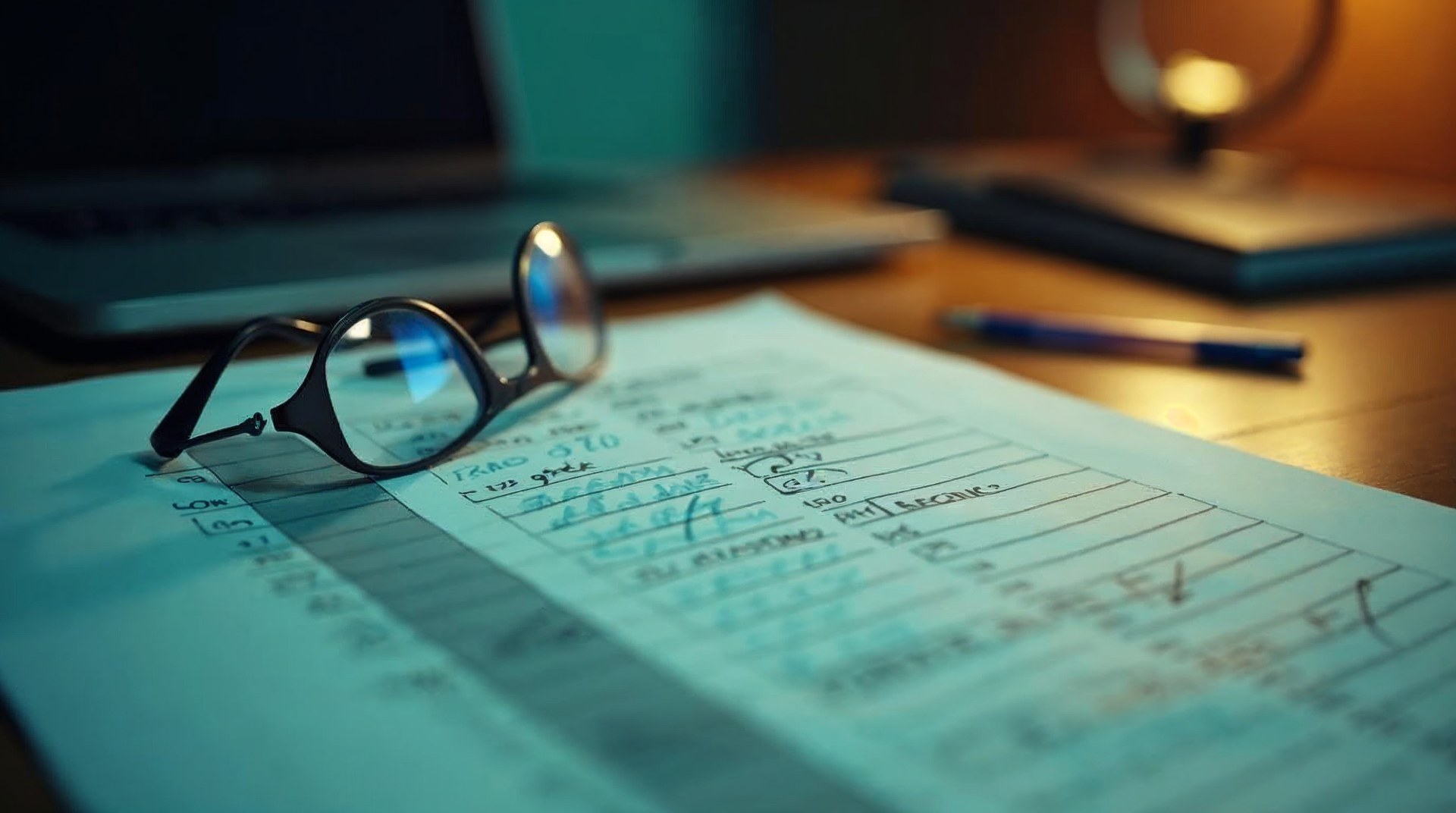 Hand-annotated pricing tier sheet on printer paper beside reading glasses and a felt-tip pen