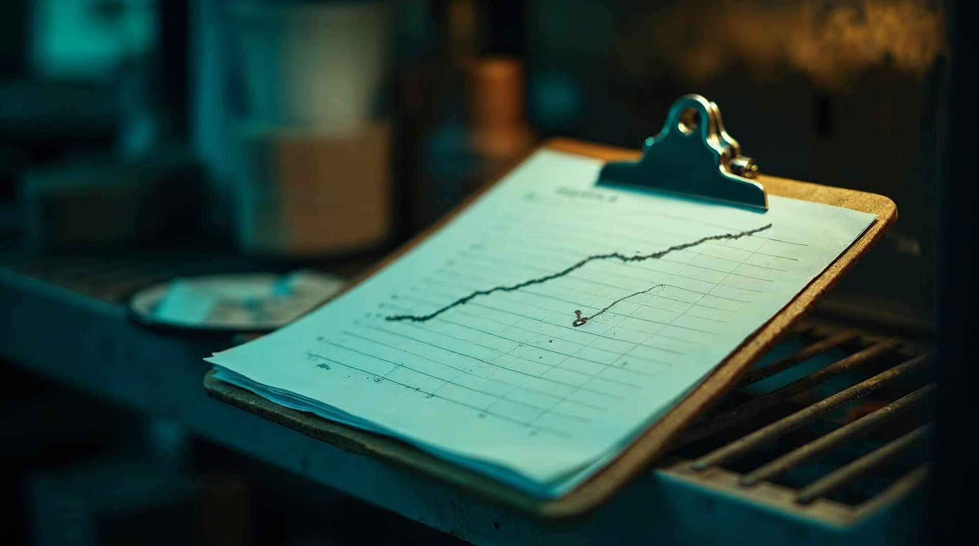 Hand-drawn seasonal demand curve on grid paper clipped to a clipboard on a metal shelf