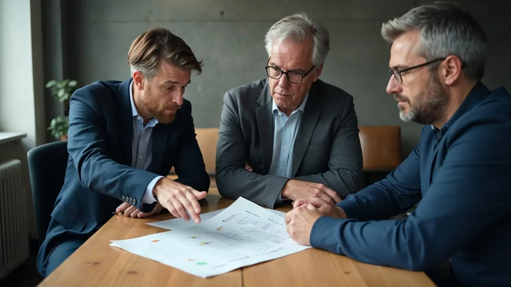 Two founders and an outside advisor studying a printed one-page growth plan at a meeting table