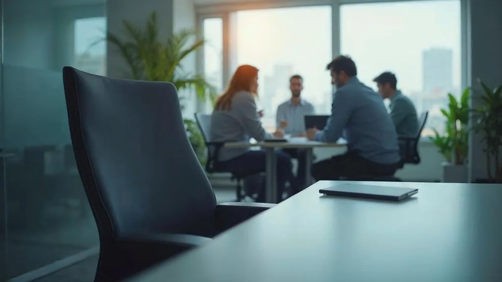 Empty office chair at a clean desk with a marketing team collaborating in the blurred background