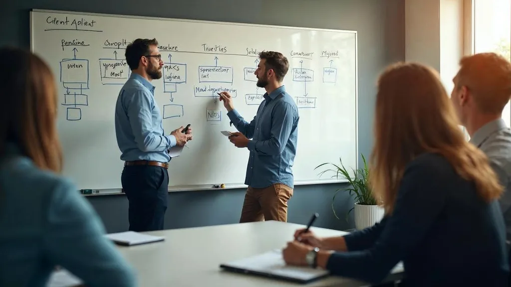 Consultant and client sponsor mapping a three-phase timeline on a whiteboard while a colleague takes notes